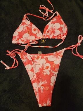 Coral Pink Floral String Bikini